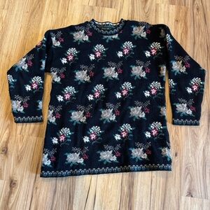 Black Floral Crewneck Sweater with Multicolor Blooms